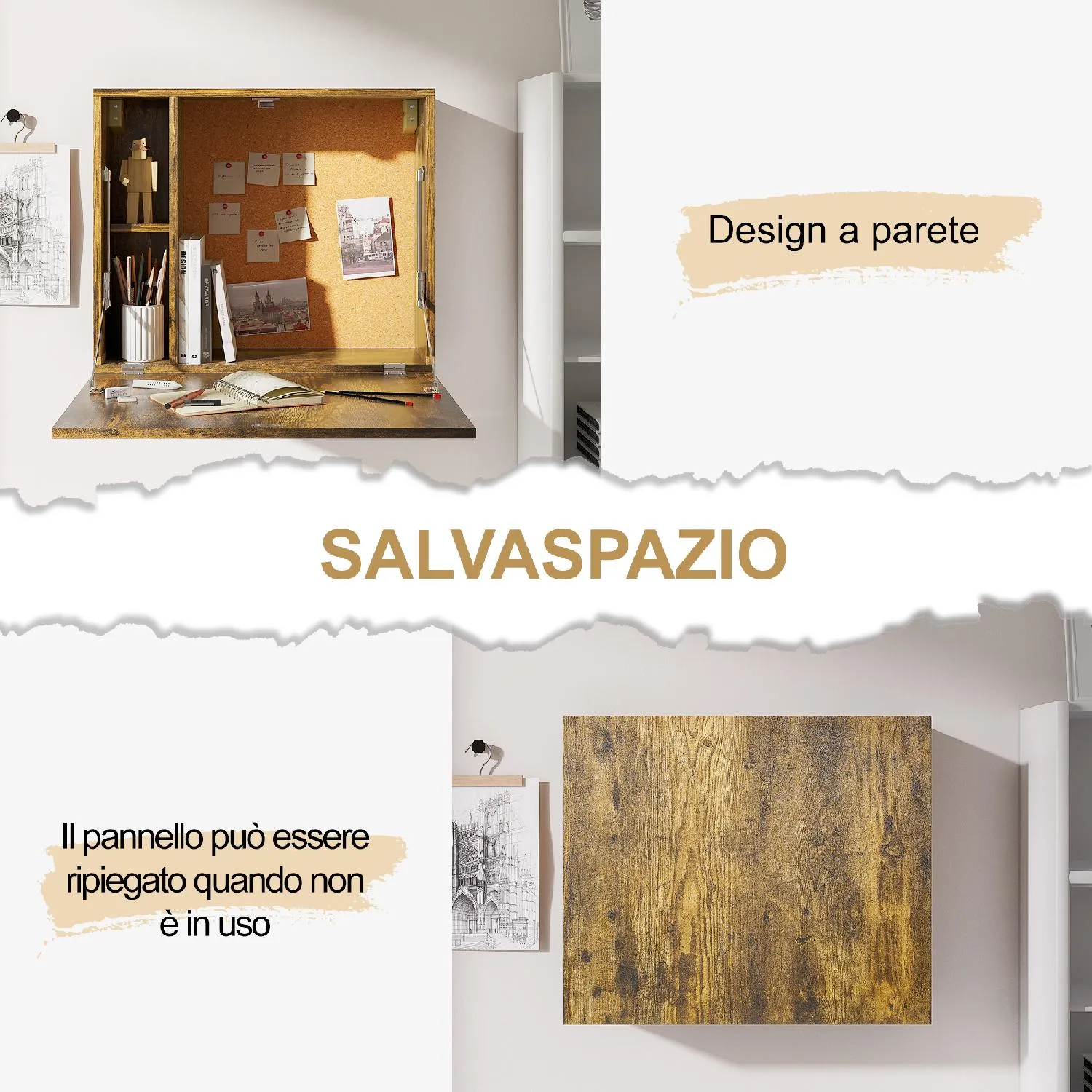 DecHome Scrivania a Muro Pieghevole e Salvaspazio con Ripiani per Casa e  Ufficio in Truciolato e MDF 60x20x50 cm