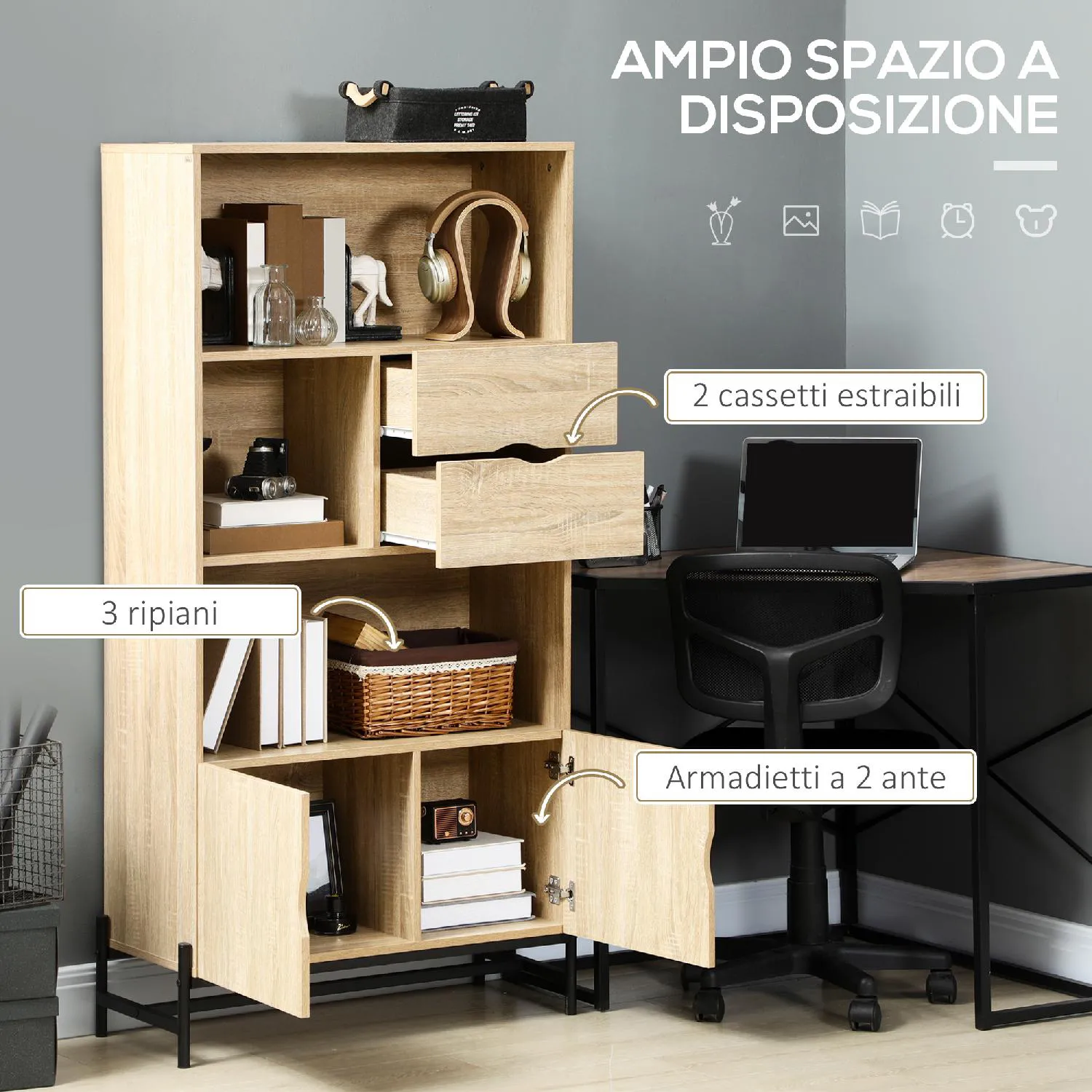 DecHome Mobile Libreria a Parete in MDF e Metallo con 2 Cassetti 2  Armadietti e 4 Ripiani Aperti 80x35x155 cm