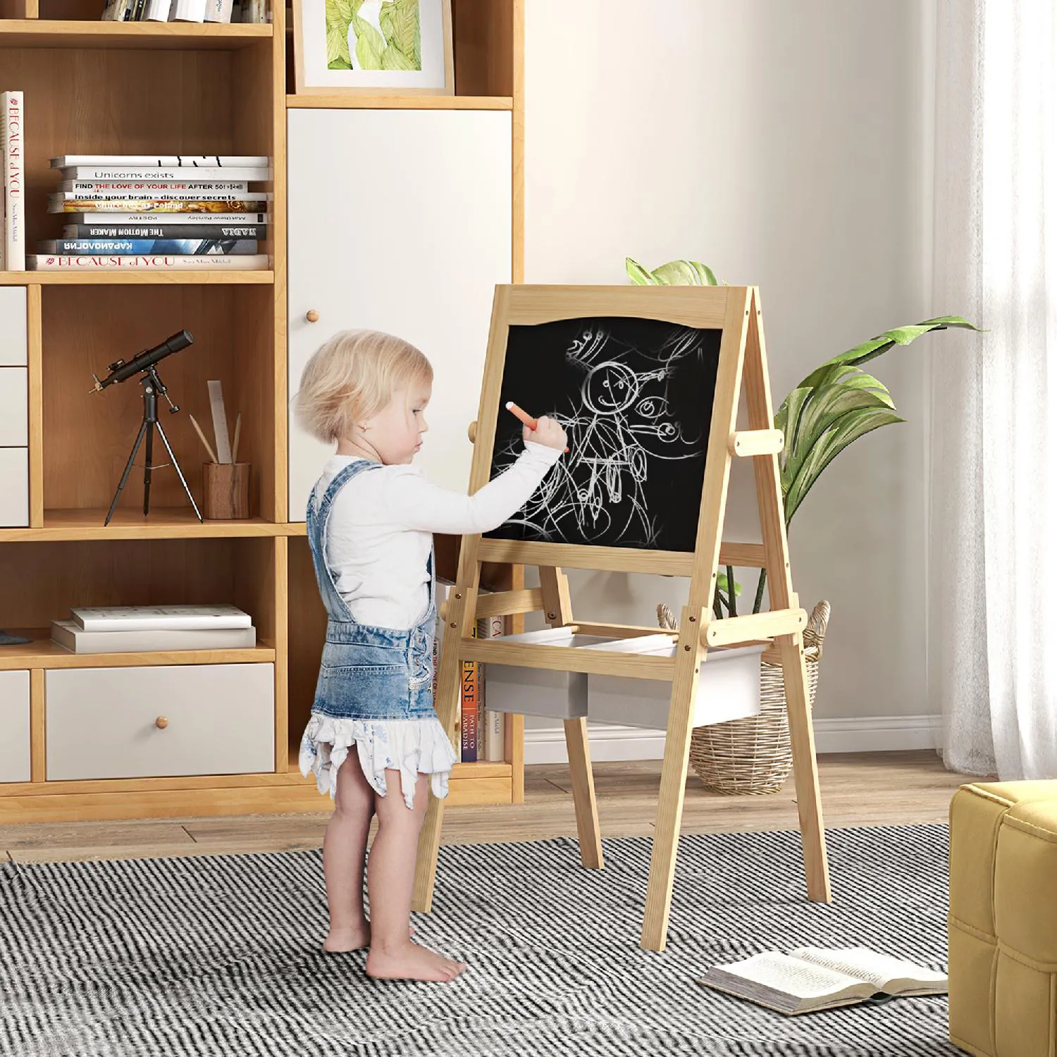 DecHome Lavagna per Bambini con Cavalletto 3 in 1 e Cestini Età 3-6 anni  58x50.5x109cm Color legno