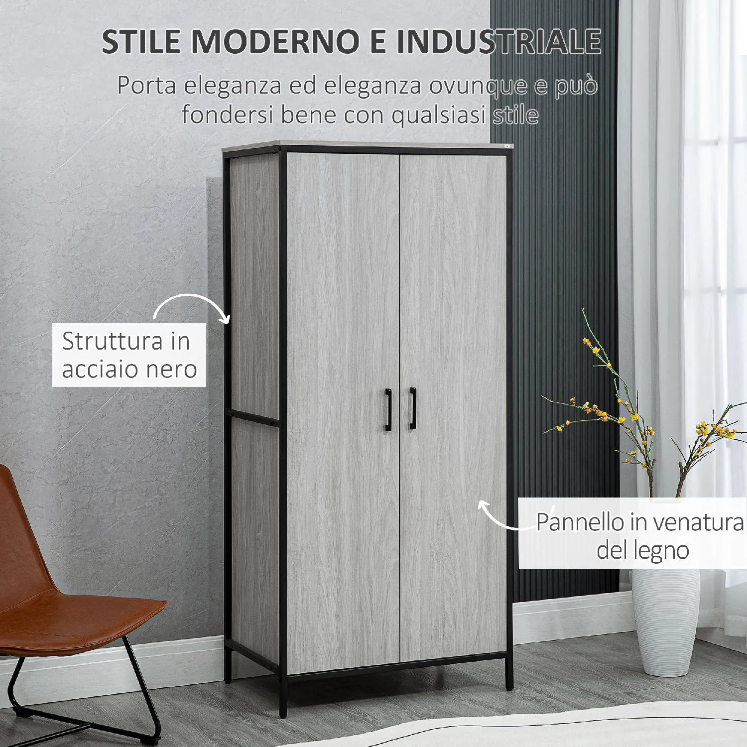 DecHome Armadio 2 Ante con Scomparti e Barra Appendiabiti 80x50x179cm  colore Grigio - 591V00LG-831