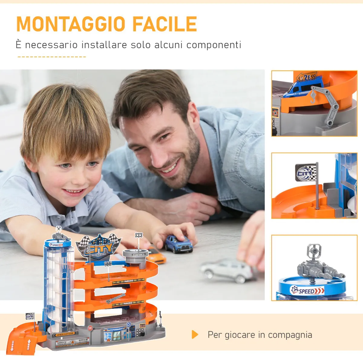 DecHome Garage Giocattolo a 4 Livelli con Rampe e Macchinine Ascensore  Manuale o a Batteria Età 3-6 Anni 60x22x36cm Multicolore - 5