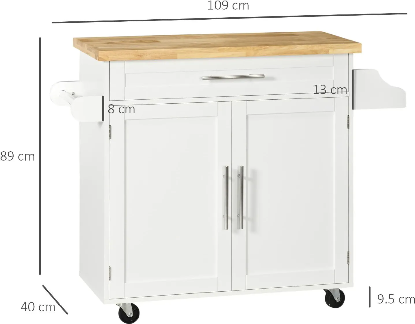 Carrello da Cucina 109x40x89 cm con Ruote in Legno Bianco