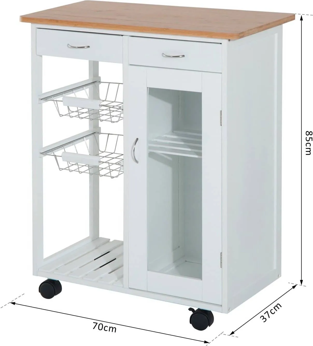 DecHome Carrello da Cucina con Cassetti e 2 Cesti In Legno Di Pino Bianco  70x37x85 cm - 8010D3