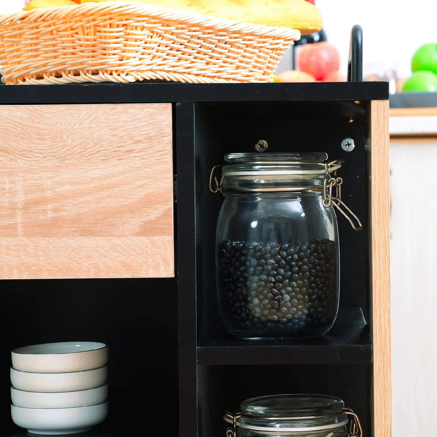 DecHome Mobiletto da Cucina con Cassetti e Ruote In Legno Rovere e