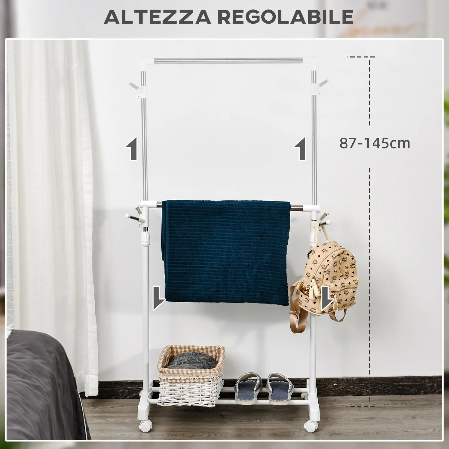 DecHome Appendiabiti Stender ad Altezza Regolabile con Fondo Portaoggetti e  4 Ruote 68.5x42x87-145 cm