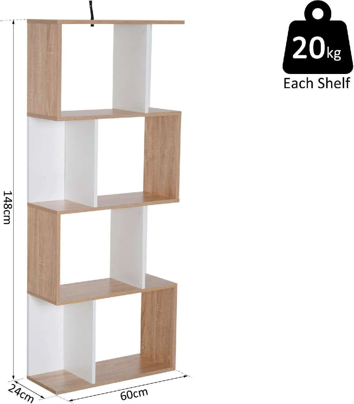 HOMCOM libreria in Legno, Scaffale a Ripiani, Bianco legno naturale 60 × 24  × 148cm