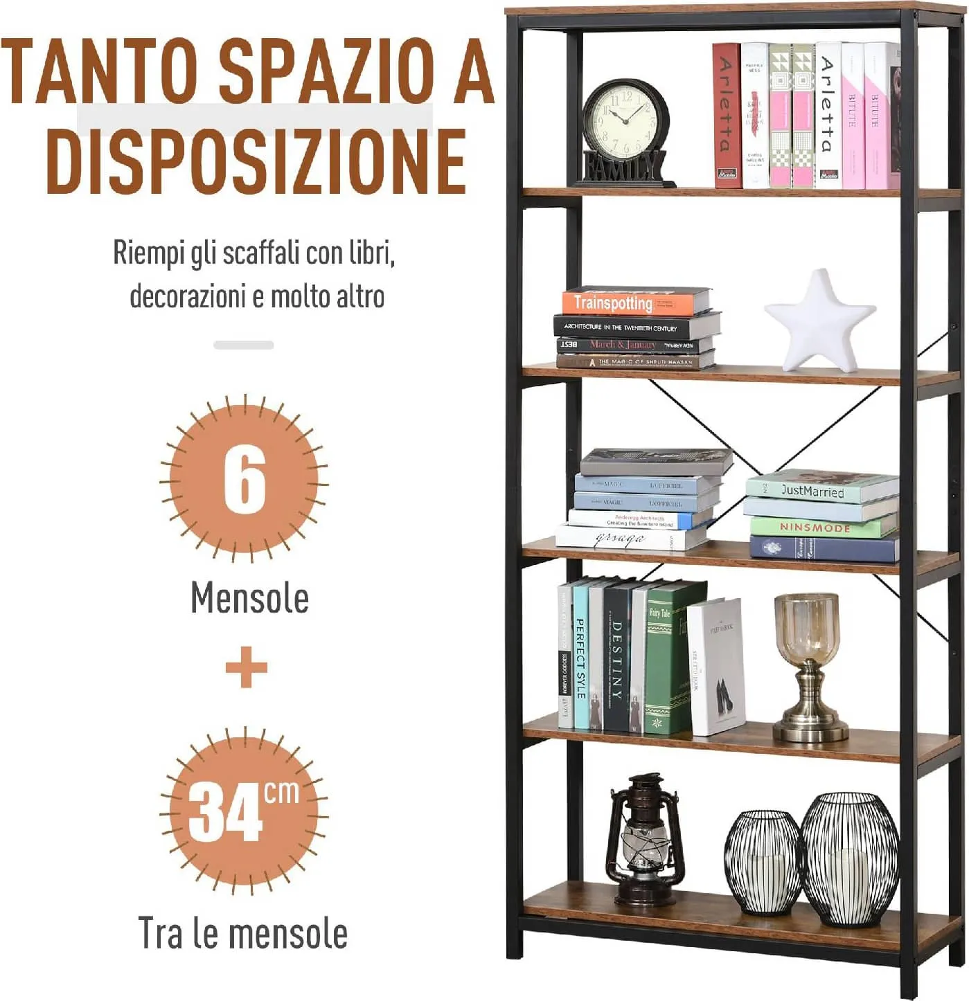 DecHome Libreria in Stile Industriale Vintage con 6 Mensole in Legno e  Metallo Nero - 836D75