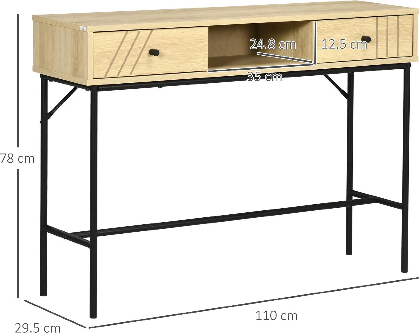 DecHome Tavolino Consolle in Legno e Metallo Stile Industriale con 2  Cassetti 110x29.5x78cm Naturale