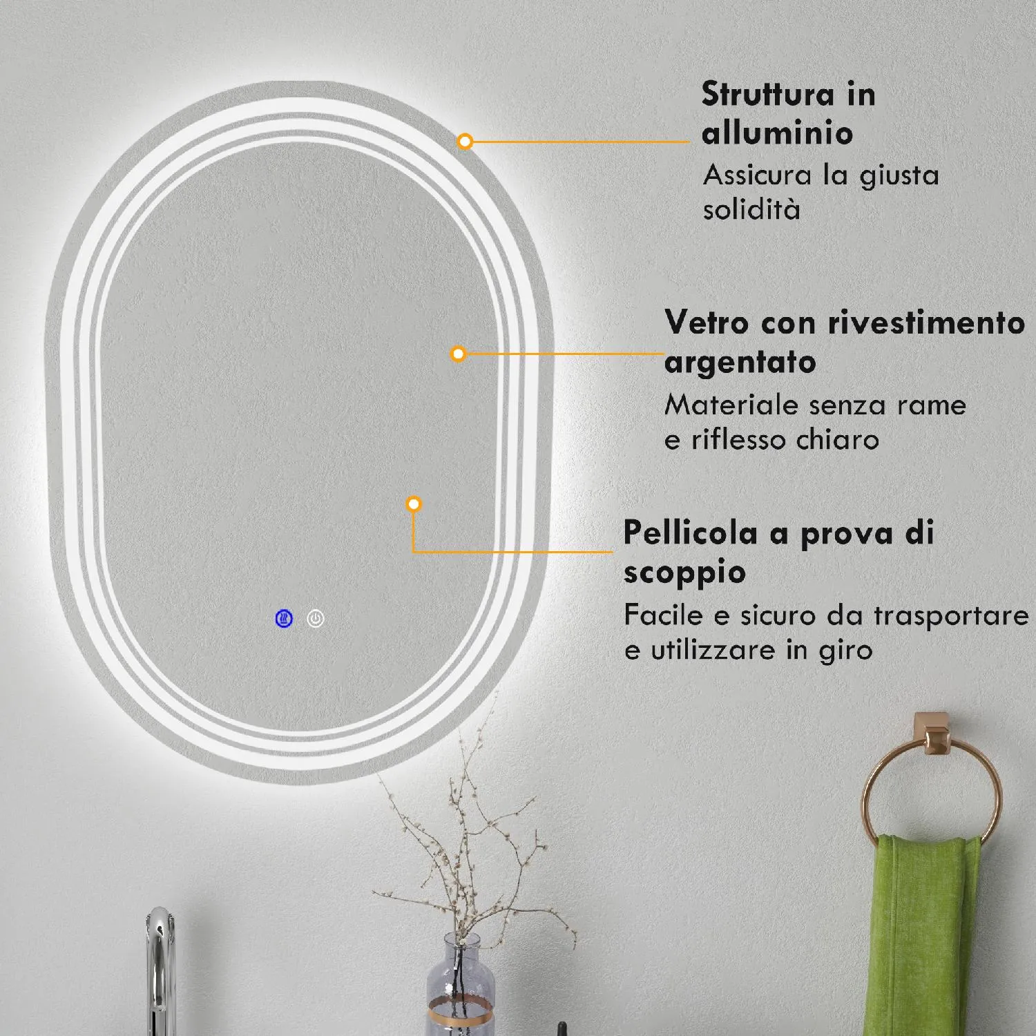 DecHome Specchio Bagno LED Antiappannamento con 3 Colori e