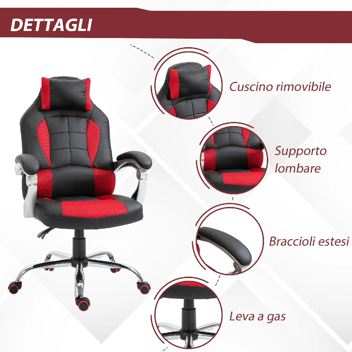 DecHome Sedia da Gaming Reclinabile con Supporto Lombare e Poggiatesta in  Pelle PU colore Rosso e Nero - 92DH1RDROS