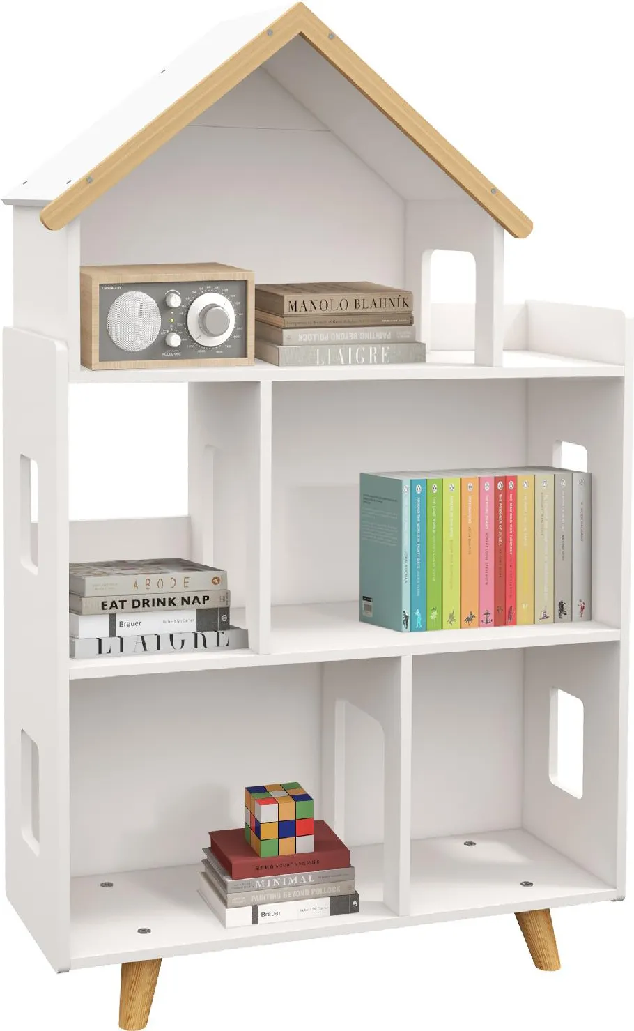 DecHome Libreria per Bambini 3-6 Anni a 3 Livelli per Libri e Giochi in MDF  e Legno di Pino 65x25x108.5 cm Bianco