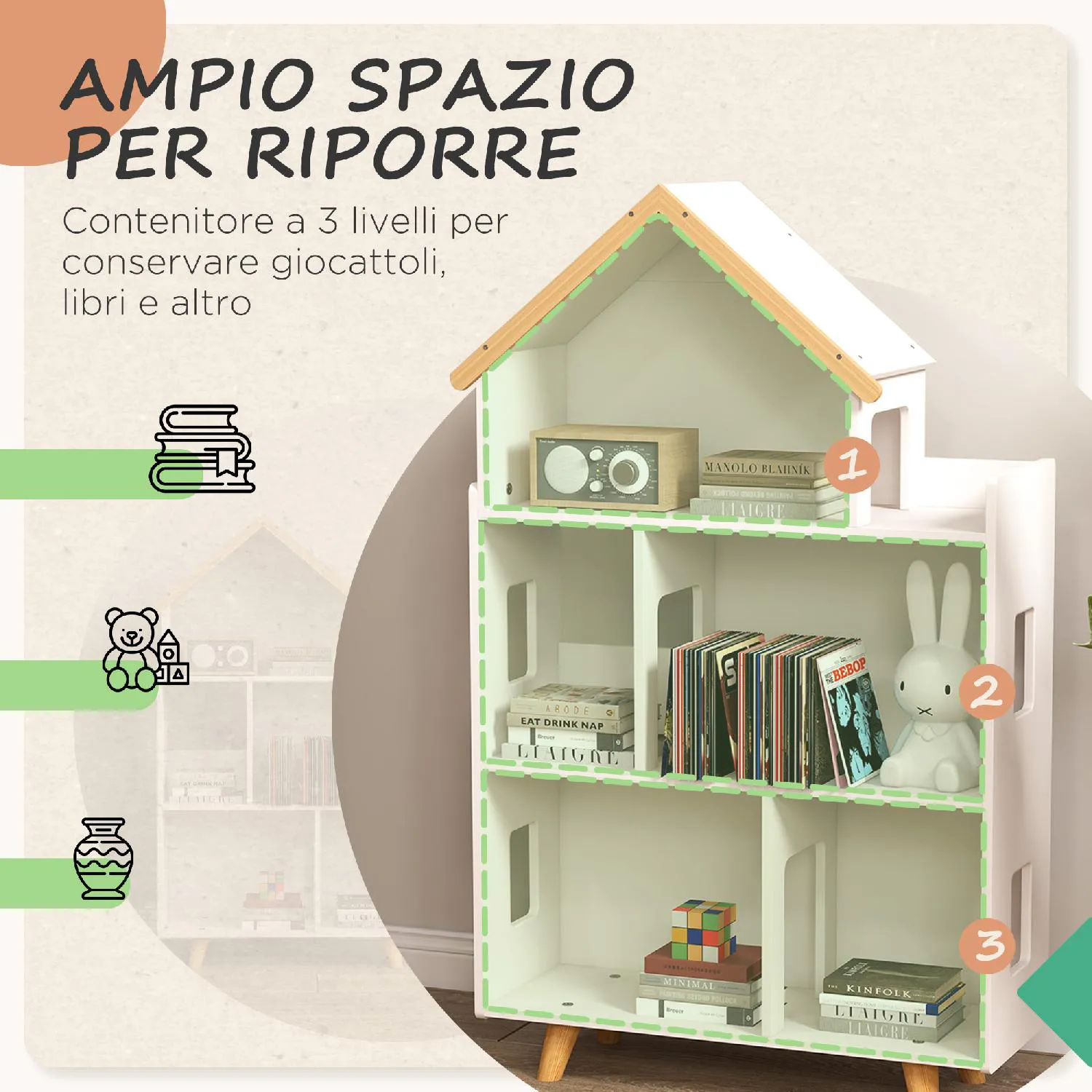 DecHome Libreria per Bambini 3-6 Anni a 3 Livelli per Libri e Giochi in MDF  e Legno di Pino 65x25x108.5 cm Bianco