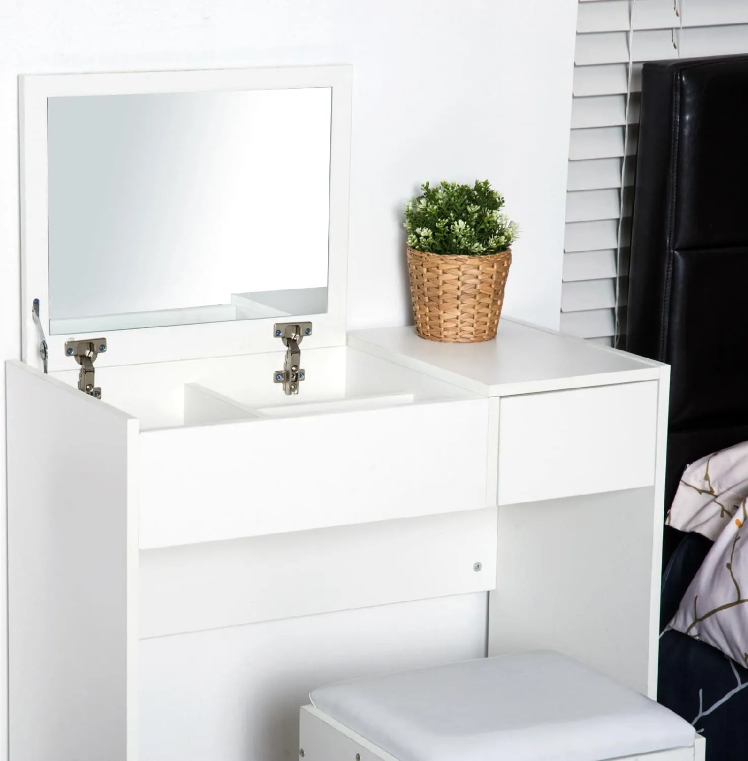 Vanity Desk moderno con sgabello e specchio per il trucco, Scrivania per  computer con 1 cassetto grande, Per casa, camera da letto, studio, piccole  stanze : : Casa e cucina
