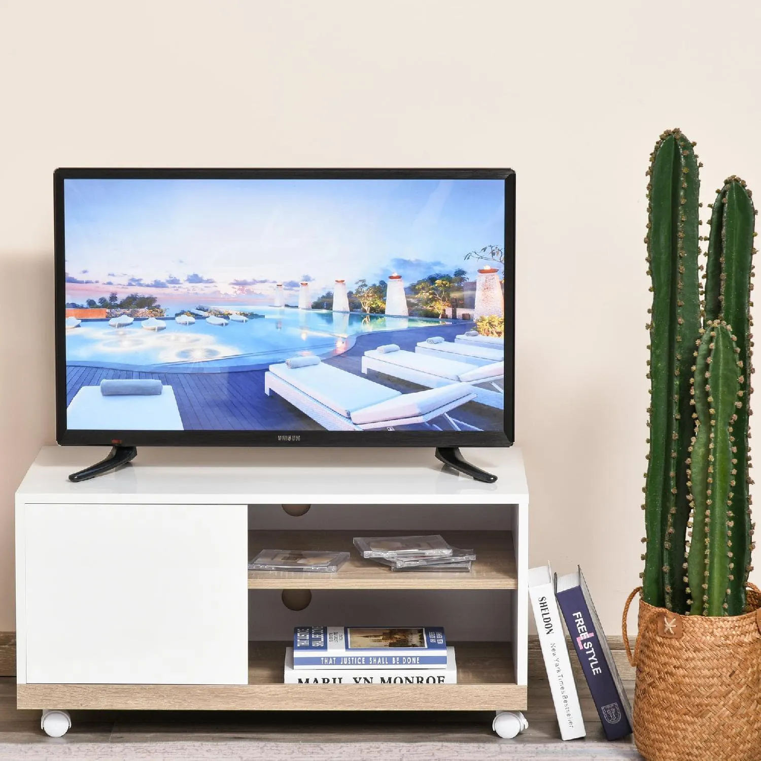DecHome Mobile TV con 1 Anta e Vani Aperti per TV fino 42'' con Ruote  80x45x39.5cm colore Bianco - D3394D