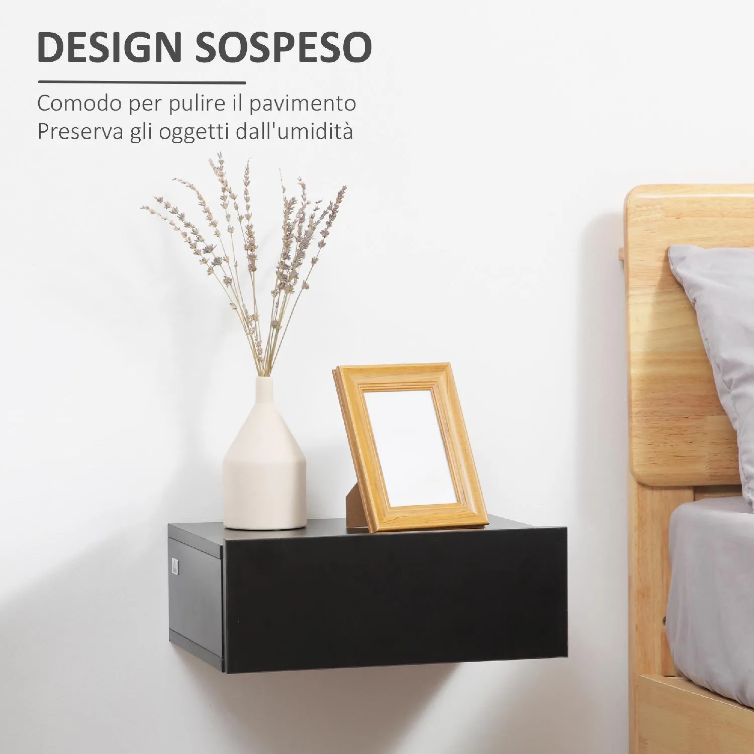 DecHome Set 2 Comodini Sospesi Moderni in Legno per Camera da Letto,  40x30x15cm colore Nero - 870DHBK