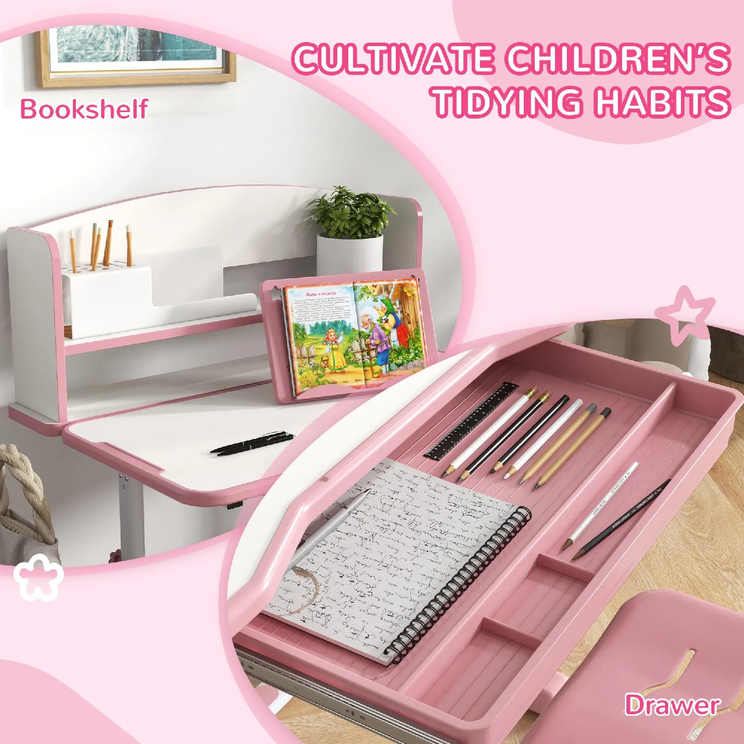 DecHome Set Scrivania con Sedia Regolabile in Altezza e Piano Inclinabile  per Bambini da 6 Anni colore Rosa - PK-31PK