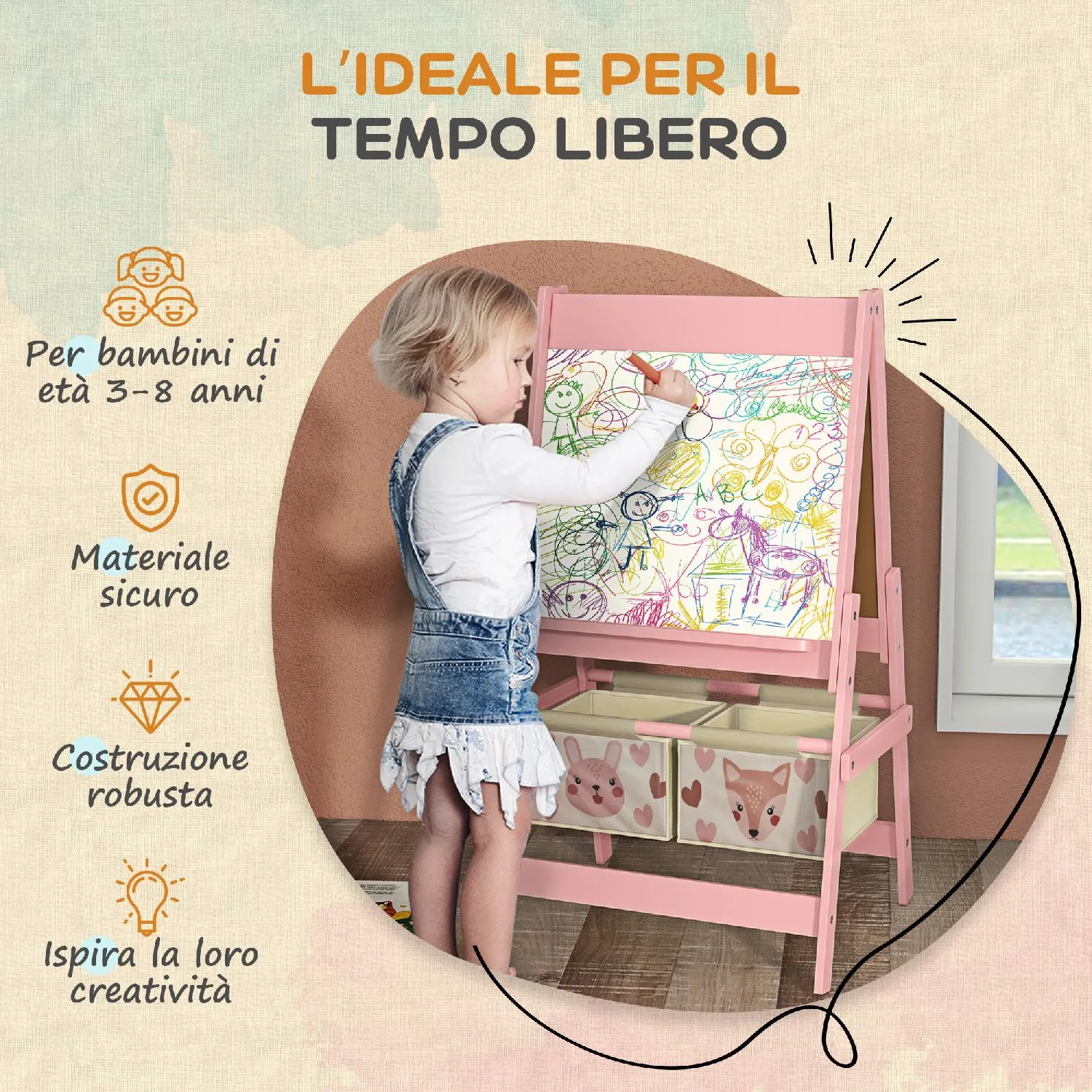 DecHome Lavagna per Bambini con Cavalletto 3 in 1 e Cestini Età 3-6 anni  58x50.5x109cm Color legno