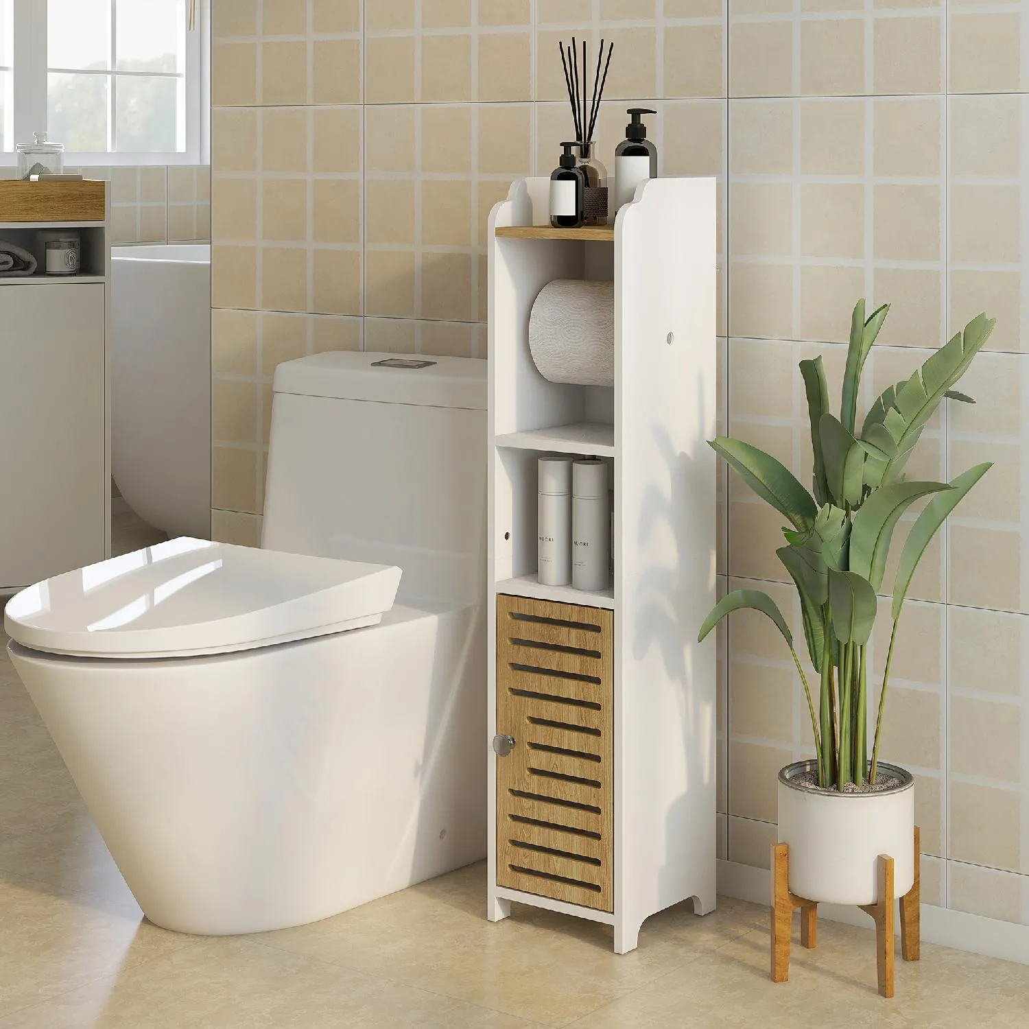 DecHome Mobiletto Bagno Salvaspazio in Truciolato con Ripiani e Armadietto  Inferiore 18x20x90 cm colore Bianco - 889DHWT