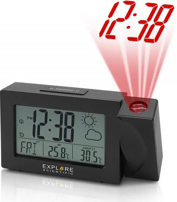 Explore Scientific Orologio Sveglia Digitale con Proiezione ora Temperatura  esterna Display LCD Funzione Snooze colore Nero - RPW3008BLK
