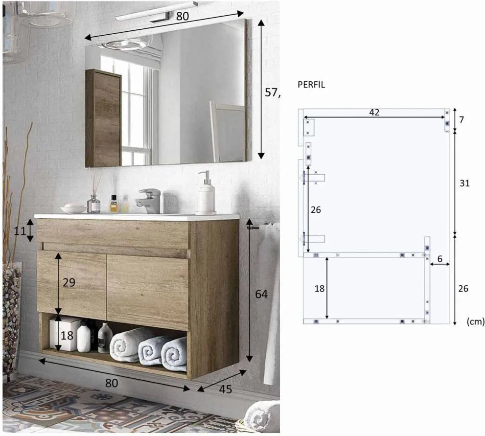 FORES HABITAT Mobile sotto lavabo bagno MDF/PVC 80x45x80h cm + Specchio  305110H
