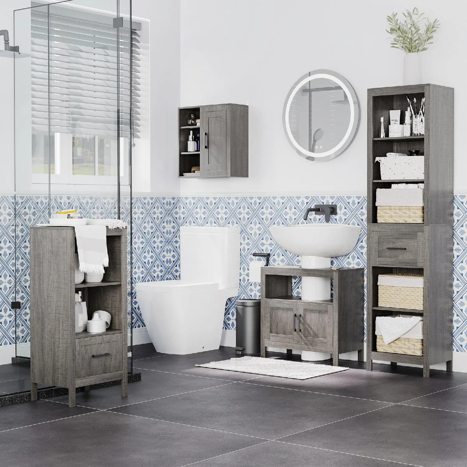 Nova Deco Colonna Bagno in Truciolato con 5 Ripiani Aperti e un Cassetto  42x30x170 cm Grigio