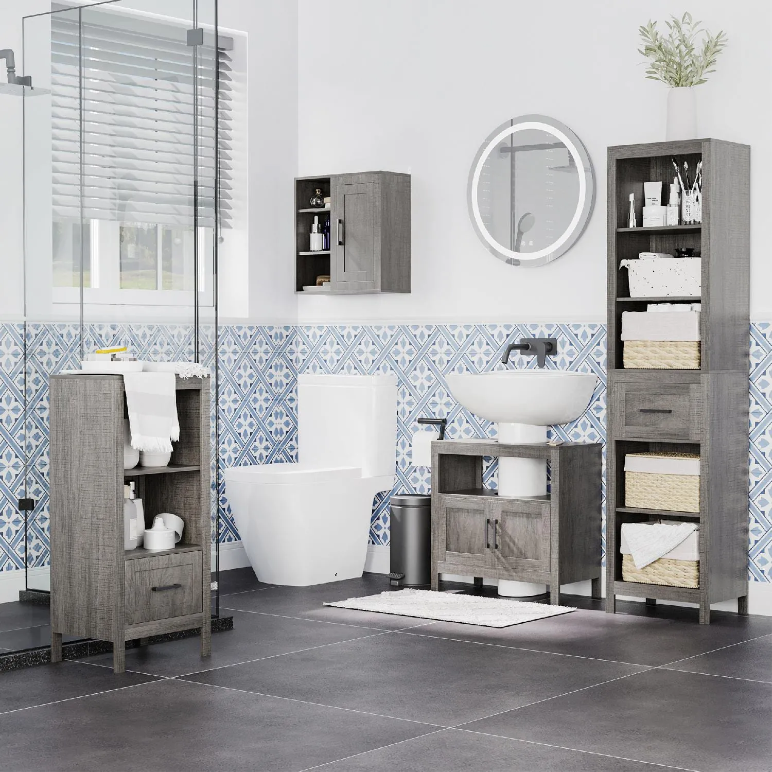 Nova Deco Mobiletto Bagno Salvaspazio con Ripiani e Cassetto Armadietto  Bagno in Legno Multiuso 40x30x89cm Grigio