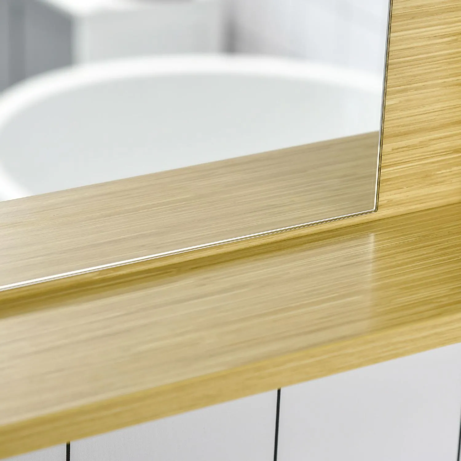 Specchio da parete per bagno con ripiani in mdf e vetro colore legno