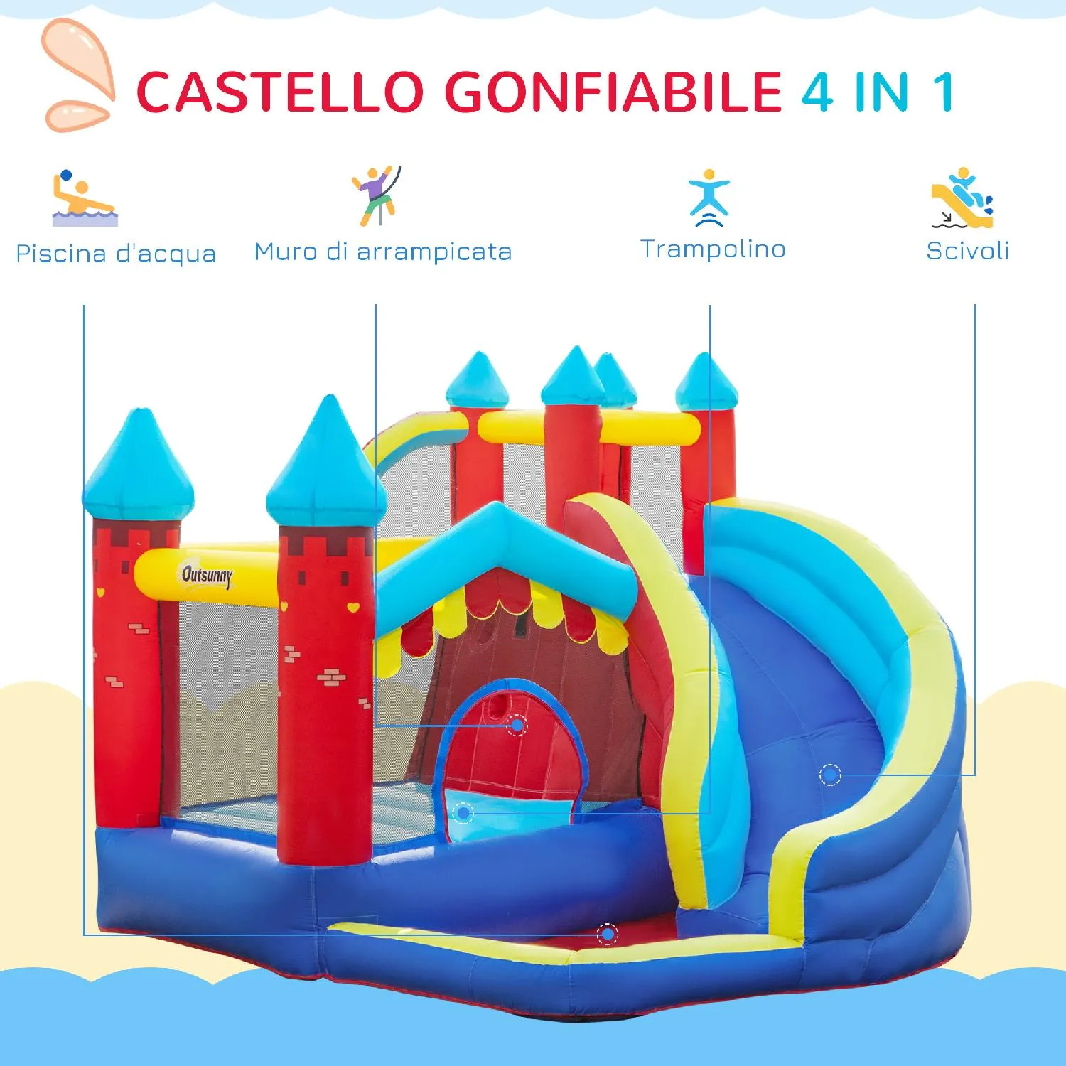 VivaGarden Castello Gonfiabile per Bambini con Scivolo Trampolino Piscina e  Parete da Arrampicata 333x280x210cm