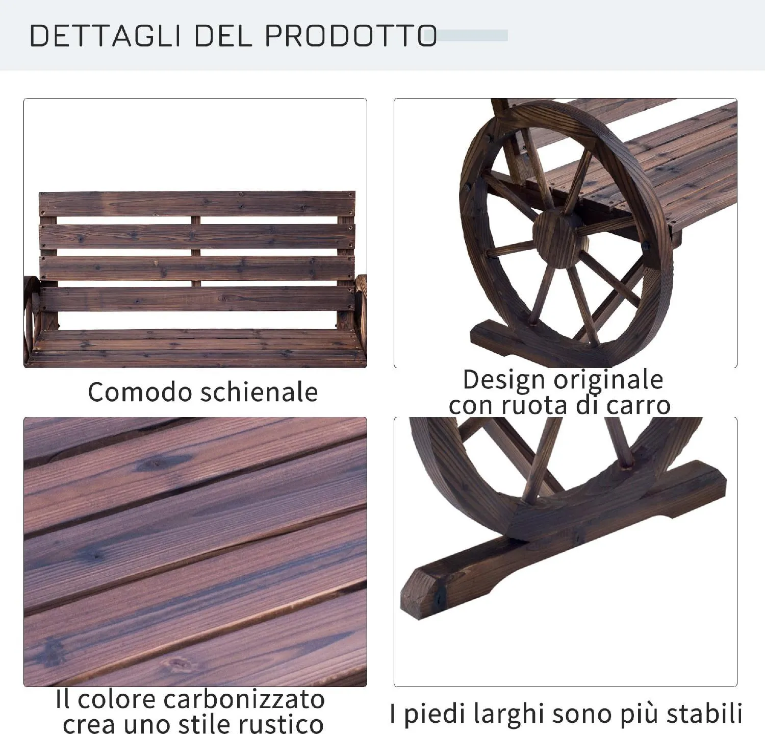 VivaGarden Panchina da Giardino in Legno 2 Posti Stile Country con  Braccioli a Ruota colore Marrone - 183e84B