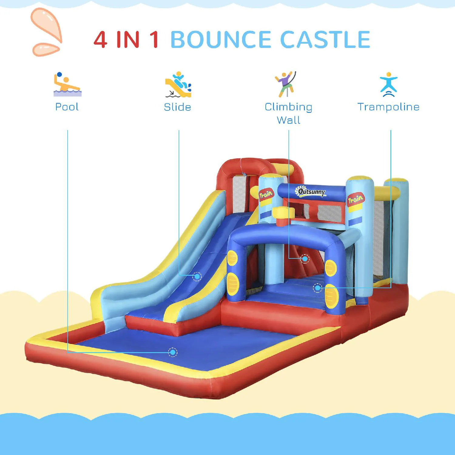 VivaGarden Castello Gonfiabile per Bambini 3-8 Anni con Trampolino Scivolo  e Piscina 435x245x200cm