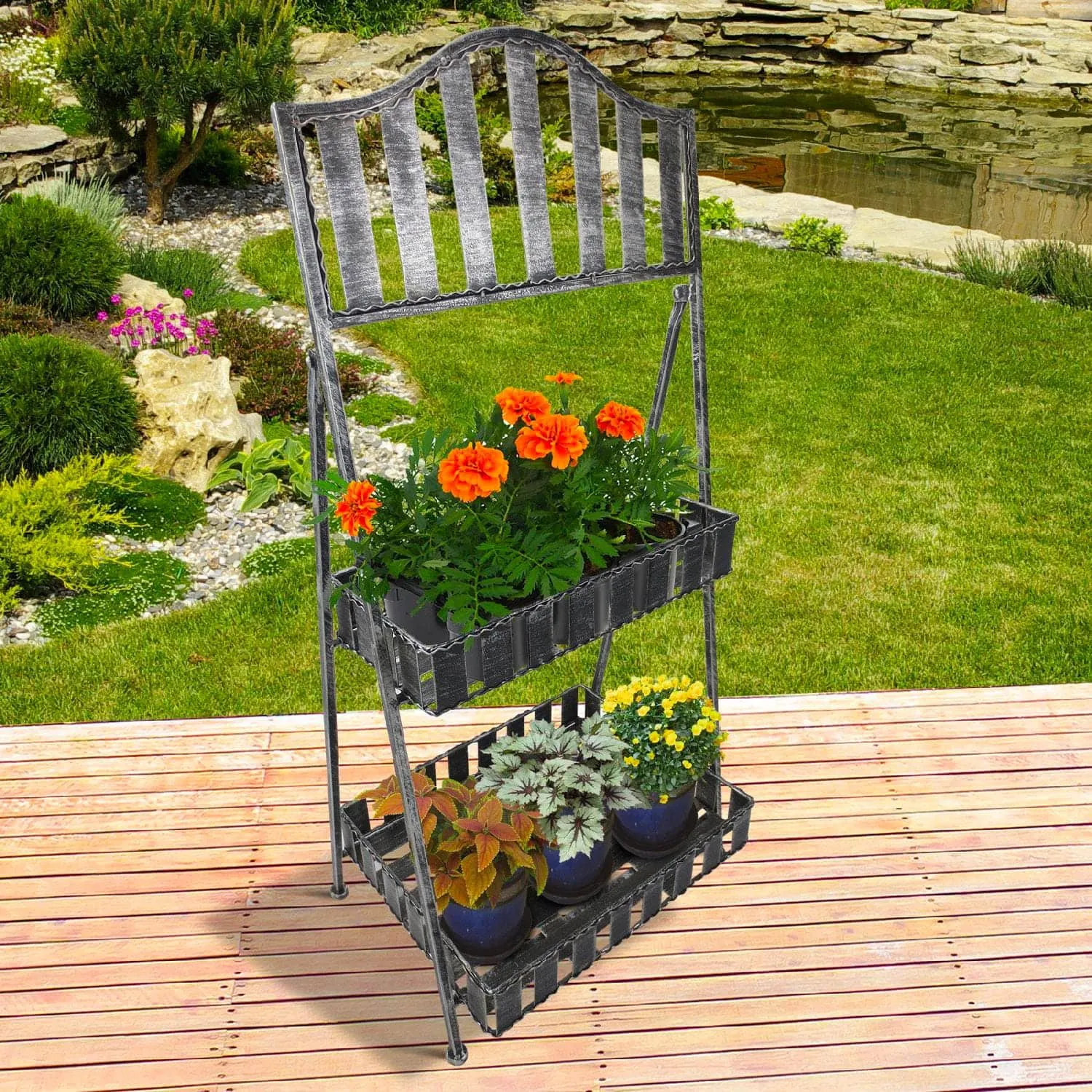 VivaGarden Scaffale Porta Piante 2 Ripiani In Alluminio Anticato Nero  41.5x27.5x88 cm - 845DD5