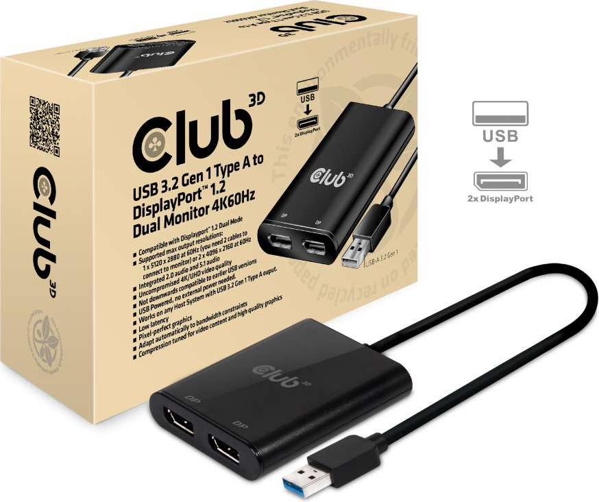 Club3D USB3.2 Gen1 Type A to DisplayPortTM1.2 Dual Monitor 4K60Hz CSV-1477