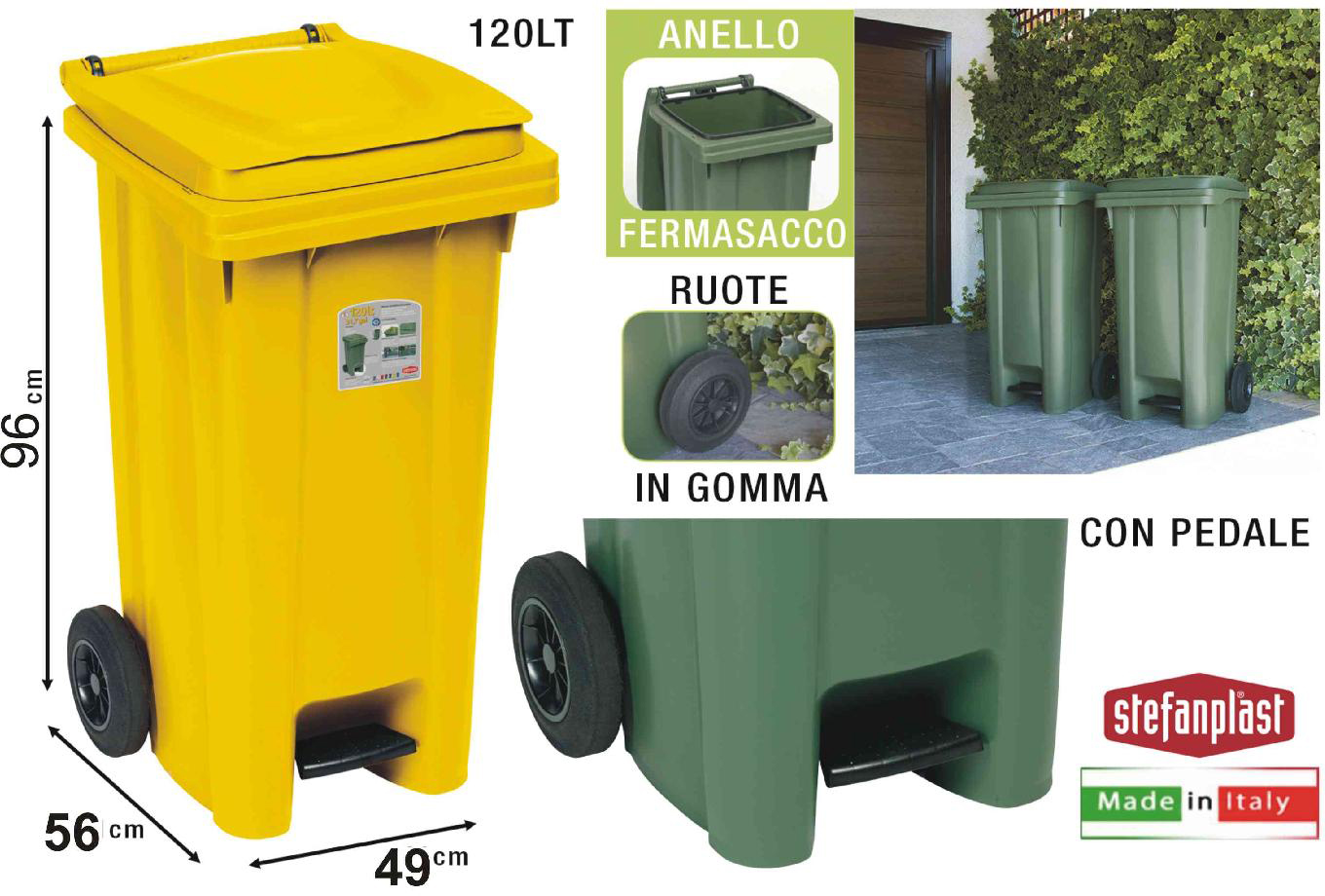 Bidone carrellato Stefanplast con pedale grigio 120 l